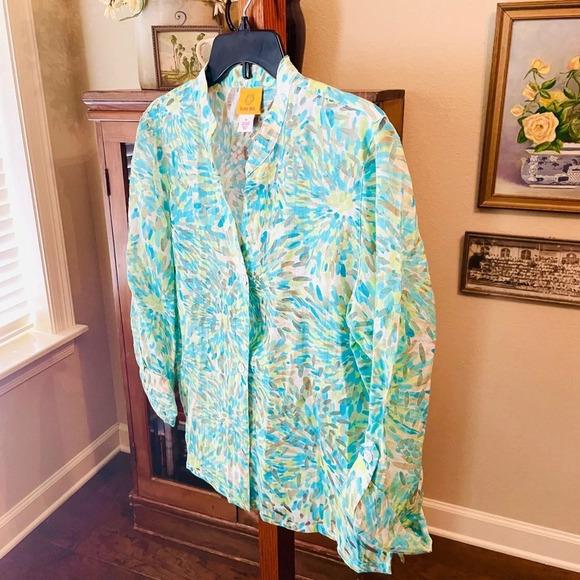 Ruby Rd. women’s long sleeve semi-sheer button top SZ 14 blue green white - Picture 5 of 9